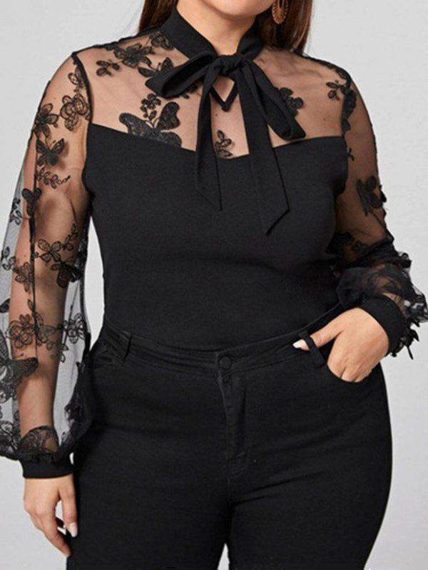 Plus Size Blouse Hollow Out Butterfly Lace Bowknot Long Sleeve Blouse - BLACK 4XL