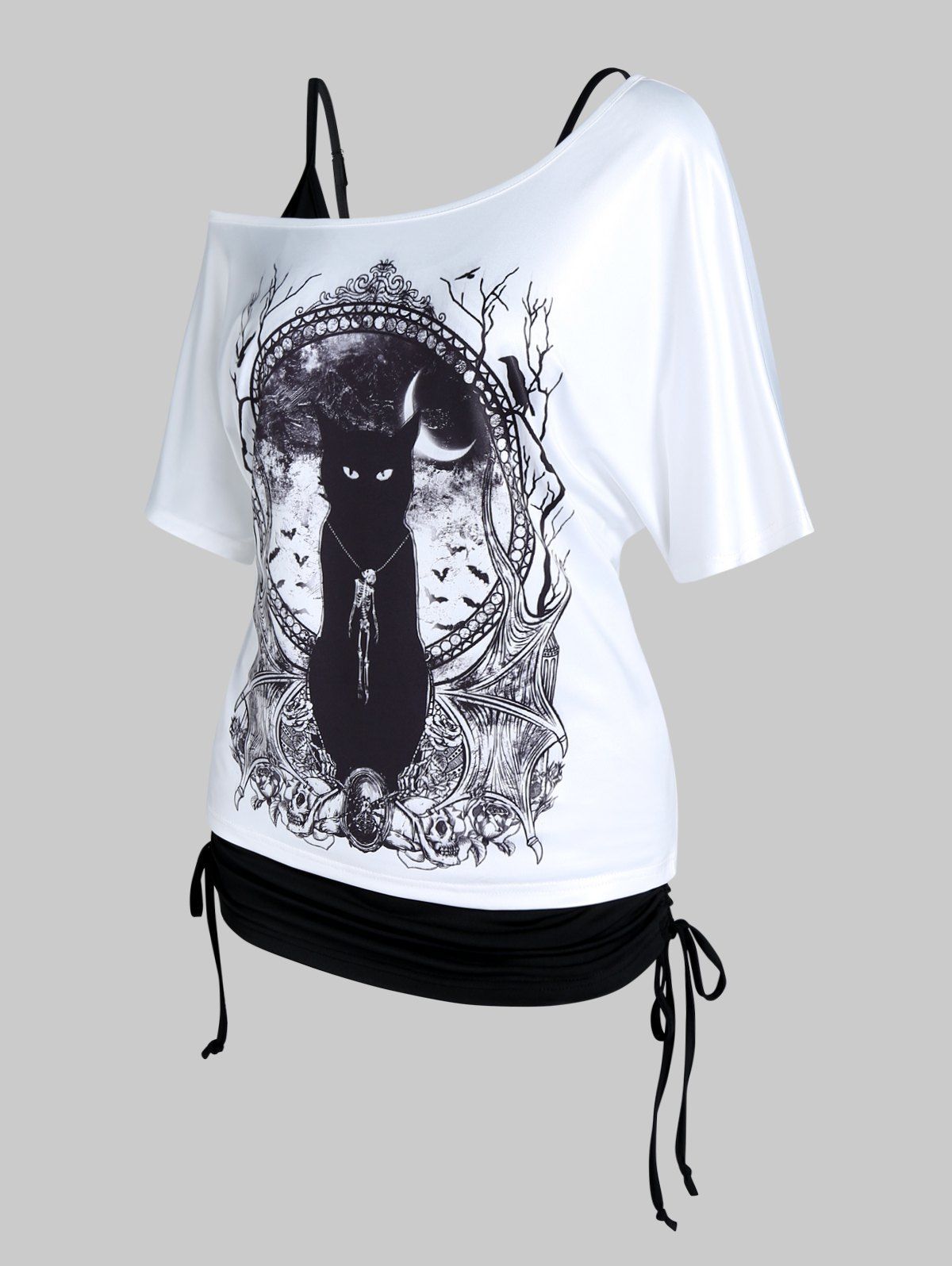 T-shirt Gothique en Couleur Unie à Bretelle Fine à Imprimé Chat Miroir Squelette de Grande Taille - Blanc 5X