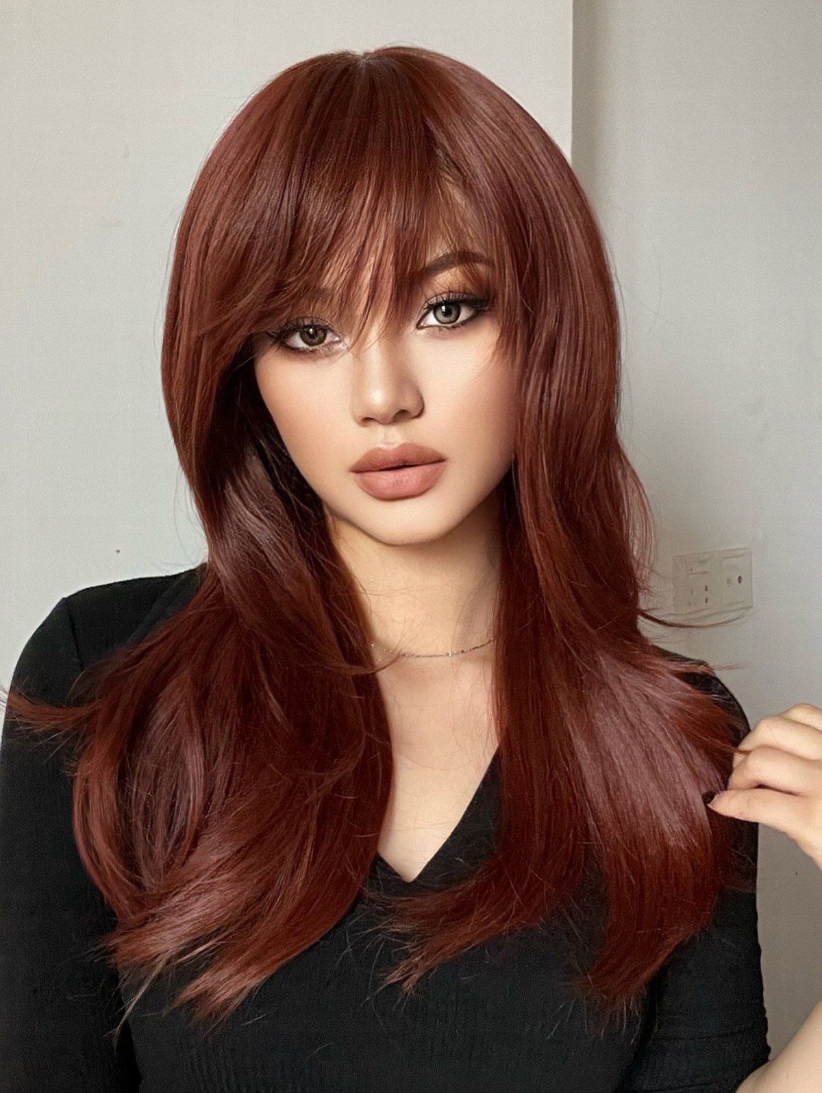 Long Side Bang Straight Capless Synthetic Wig - BLOOD RED 26INCH