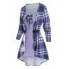 Plaid Print Faux Twinset T Shirt Lace Up Asymmetric Twofer T-shirt Long Sleeve Eyelet Strap 2-In-1 Tee