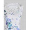 Flower Dragonfly Print Sleeveless T Shirt See Thru Floral Lace Insert Casual Tee - WHITE 3XL