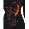 T-shirt D'Halloween Croisé à Imprimé Chat et Lune à Manches Longues Deux Pièces - Noir XL