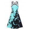 Gothic Dress Colorblock Bat Print Lattice Strap High Waisted Dress A Line Mini Halloween Dress - BLACK XXXL