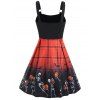 Halloween Dress Skeleton Pumpkin Plaid Print Colorblock Dress Lace Up A Line Mini Gothic Dress - BLACK XXXL