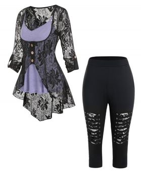 Plus Size Flared Skirted Cami Top See Thru Flower Lace Blouse And Ripped Cropped Leggings Outfit