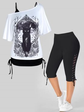 Ensemble de T-shirt Gothique à Imprimé Chat Squelette Grande Taille et Legging à Lacets