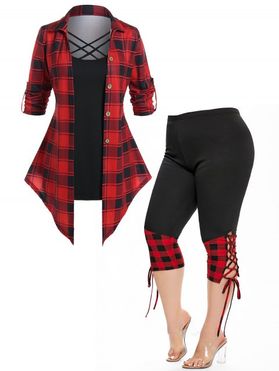 Plus Size Plaid Print Crisscross Faux Twinset T Shirt And Lace Up Leggings Casual Outfit
