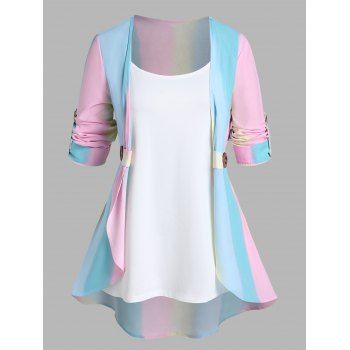 

Plus Size & Curve Rainbow Ombre Print Pastel Roll Up Sleeve Asymmetric Top And Basic Camisole Two Piece Set, Multicolor