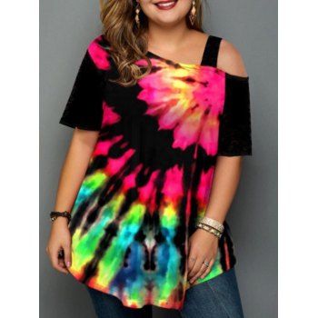 

Plus Size T Shirt Tie Dye T Shirt Skew Neck Short Sleeve Casual Summer Tee, Multicolor