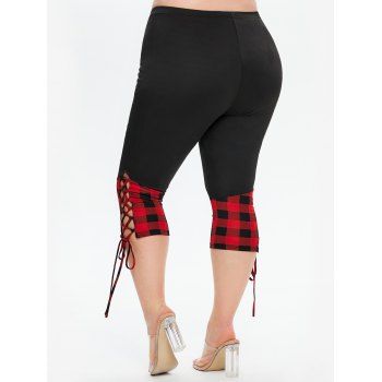 Plus Size Plaid Print Crisscross Faux Twinset T Shirt And Lace Up Leggings Casual Outfit