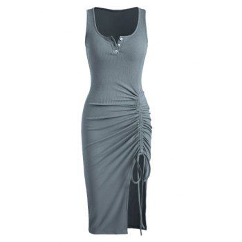 

Ruched Cinched High Slit Dress Plain Color Textured Sleeveless Bodycon Dress, Light blue