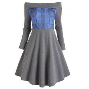 

Off the Shoulder Dress 3D Print High Waisted Dress Long Sleeve A Line Midi Dress, Gray