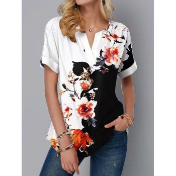 

Colorblock T Shirt Flower Print T Shirt V Neck Short Sleeve Casual Tee, White