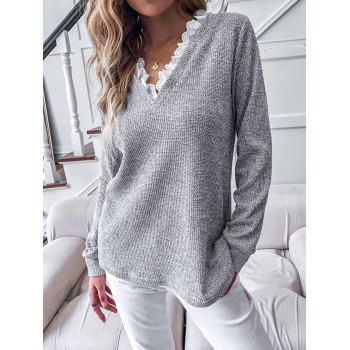 

Textured Sweater Eyelet Ruffle Long Sleeve Sweater V Neck Casual Sweater, Gray