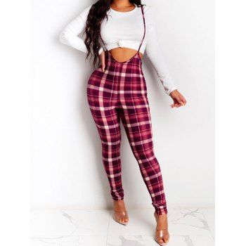 

Plaid Print Suspender Pants Vintage Pants Spaghetti Strap Skinny Long Pants, Red