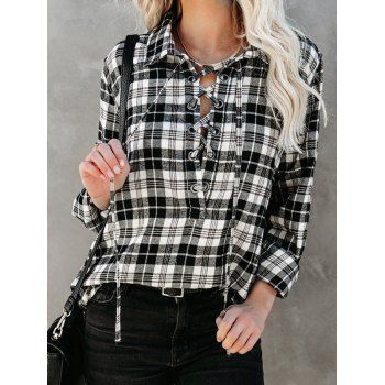 

Plaid Print Shirt Vintage Shirt Lace Up Curved Hem Long Sleeve Shirt, Black