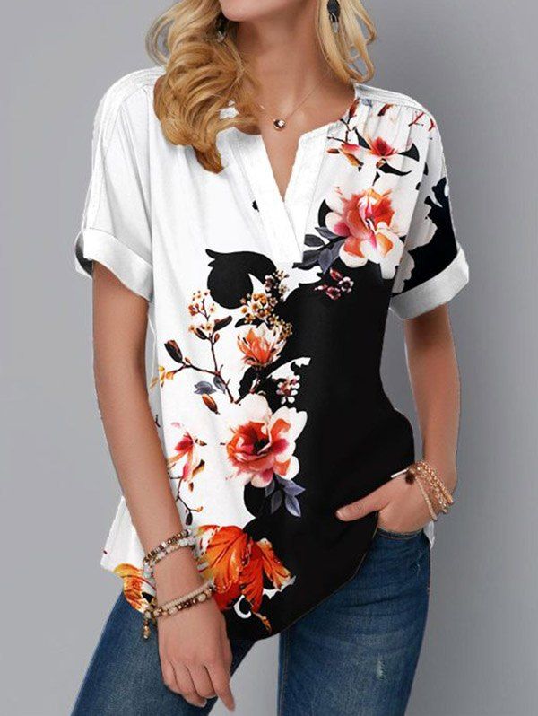 Colorblock T Shirt Flower Print T Shirt V Neck Short Sleeve Casual Tee - WHITE XL