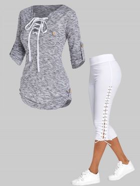 Space Dye Print Lace Up Roll Up Sleeve T Shirt And Skinny Capri Leggings Casual Outfit