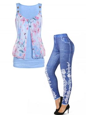 Floral Mesh Overlay Slit Ruched Mock Button Tank Top And 3D Print Jeggings Casual Outfit