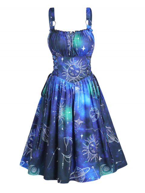 Corset Style Lace Up Flare A Line Dress Celestial Sun Moon Star Galaxy Allover Print Dress O Ring Ruffled Ruched Mini Dress