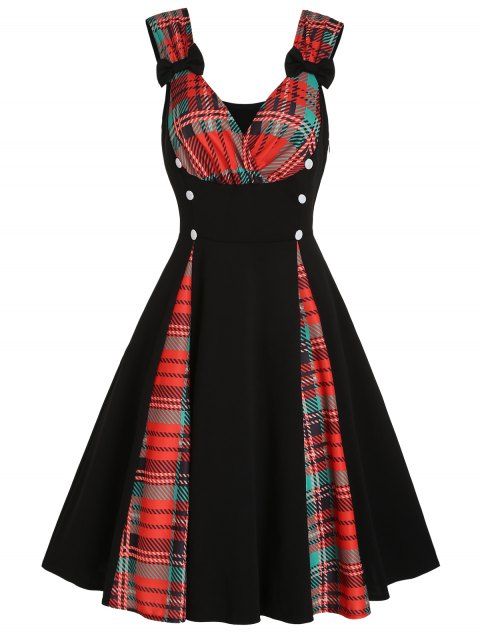 Vintage Dress Plaid Print Dress Bowknot Surplice Mock Button High Waist A Line Mini Dress