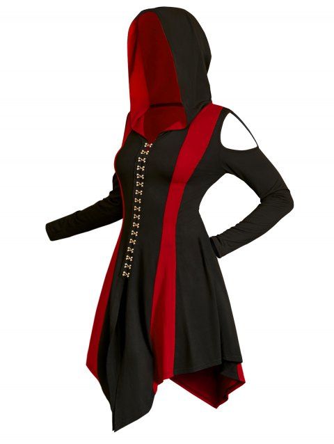 Colorblock Gothic Hooded Dress Cold Shoulder Long Sleeve Dress Lace Up Hasp Button Slit Asymmetric Dress