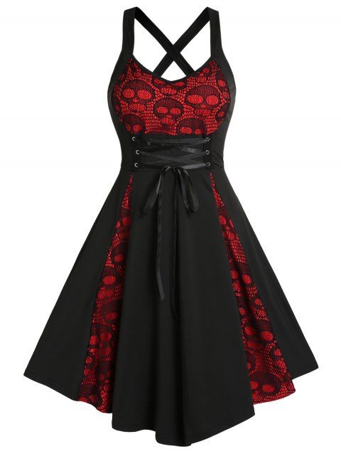 Plus Size Dress Gothic Dress Skull Lace Godet Lace Up Cross Back A Line Midi Dress