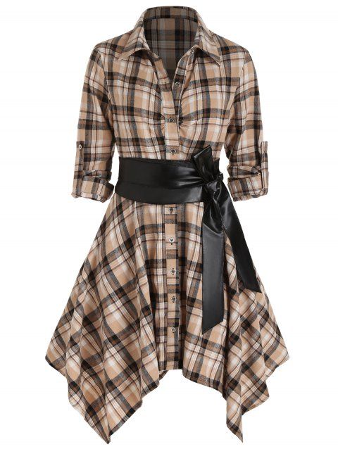 Robe Mini Mouchoir Convertible Ceinturée à Carreaux à Manches Roulées