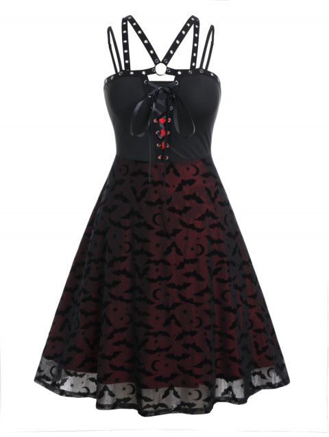 Plus Size Dress Gothic Dress Bat Print Mesh Colorblock Grommet Lace Up Cut Out A Line Midi Dress