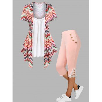 

Colorful Chevron Print Asymmetric Short Sleeve Faux Twinset Tee And High Waist Lace Applique Capri Leggings Outfit, Light pink