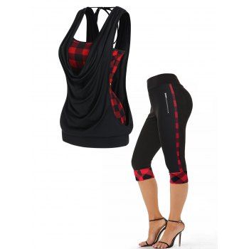 

Vintage Plaid Print Cami Top Cowl Neck Draped Tie Back Tank Top And High Waist Cropped Leggings Set, Black