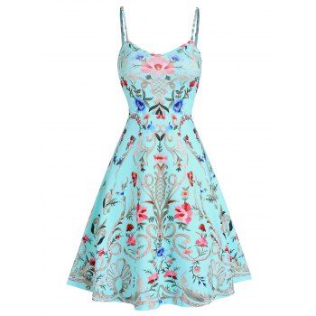 

Flower Branches Print Cottagecore Dress Backless Adjustable Shoulder Strap A Line Dress, Light green