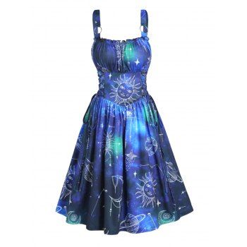 

Corset Style Lace Up Flare A Line Dress Celestial Sun Moon Star Galaxy Allover Print Dress O Ring Ruffled Ruched Mini Dress, Blue