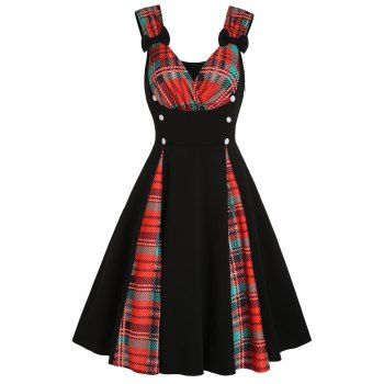 

Vintage Dress Plaid Print Dress Bowknot Surplice Mock Button High Waist A Line Mini Dress, Red