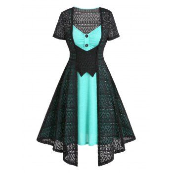 

See Thru Geometric Pattern Mesh Long Top And Mock Button Ruched Bust Cami Mini Dress Two Piece Set, Light green