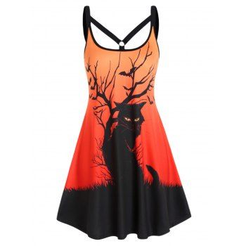 

Halloween Dress Black Cat Tree Branches Print Colorblock Mini Dress O Ring Elastic Straps Cami Dress, Orange