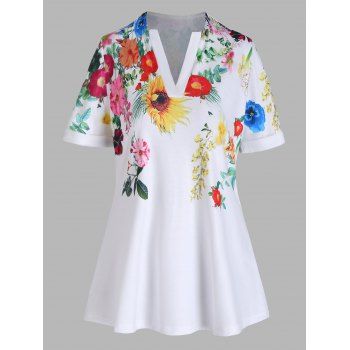 

Flower Print Cottagecore T-shirt Notched Roll Up Short Sleeve Tee, White