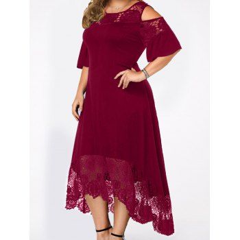 

Plus Size Dress Hollow Out Printed Lace Panel Cold Shoulder Asymmetrical Hem Maxi Dress, Red