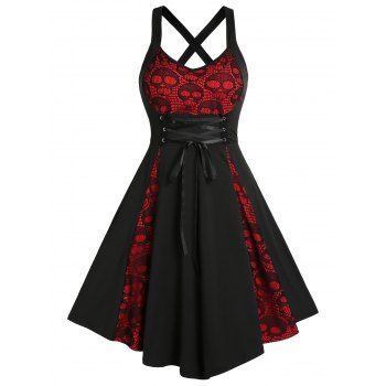 

Plus Size Dress Gothic Dress Skull Lace Godet Lace Up Cross Back A Line Midi Dress, Black