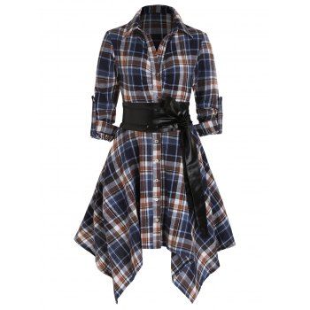 

Convertible Plaid Belted Roll Up Sleeve Button Handkerchief Mini Dress, Deep blue