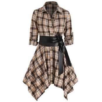 

Convertible Plaid Belted Roll Up Sleeve Button Handkerchief Mini Dress, Light coffee