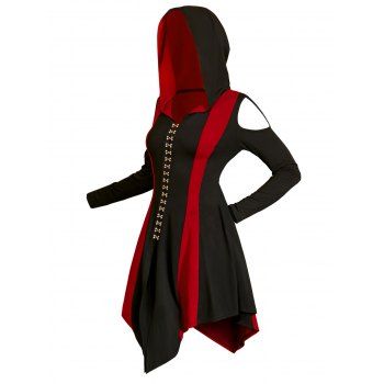 

Colorblock Gothic Hooded Dress Cold Shoulder Long Sleeve Dress Lace Up Hasp Button Slit Asymmetric Dress, Black
