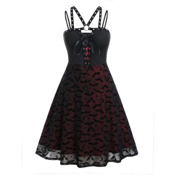 

Plus Size Dress Gothic Dress Bat Print Mesh Colorblock Grommet Lace Up Cut Out A Line Midi Dress, Black