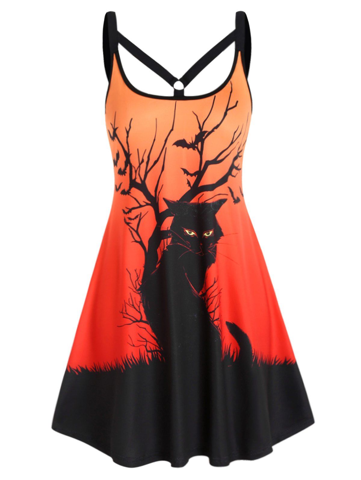 Mini Robe D'Halloween Elastique à Imprimé Chat Noir à Bretelle Anneau en O en Blocs de Couleurs - Orange XXL