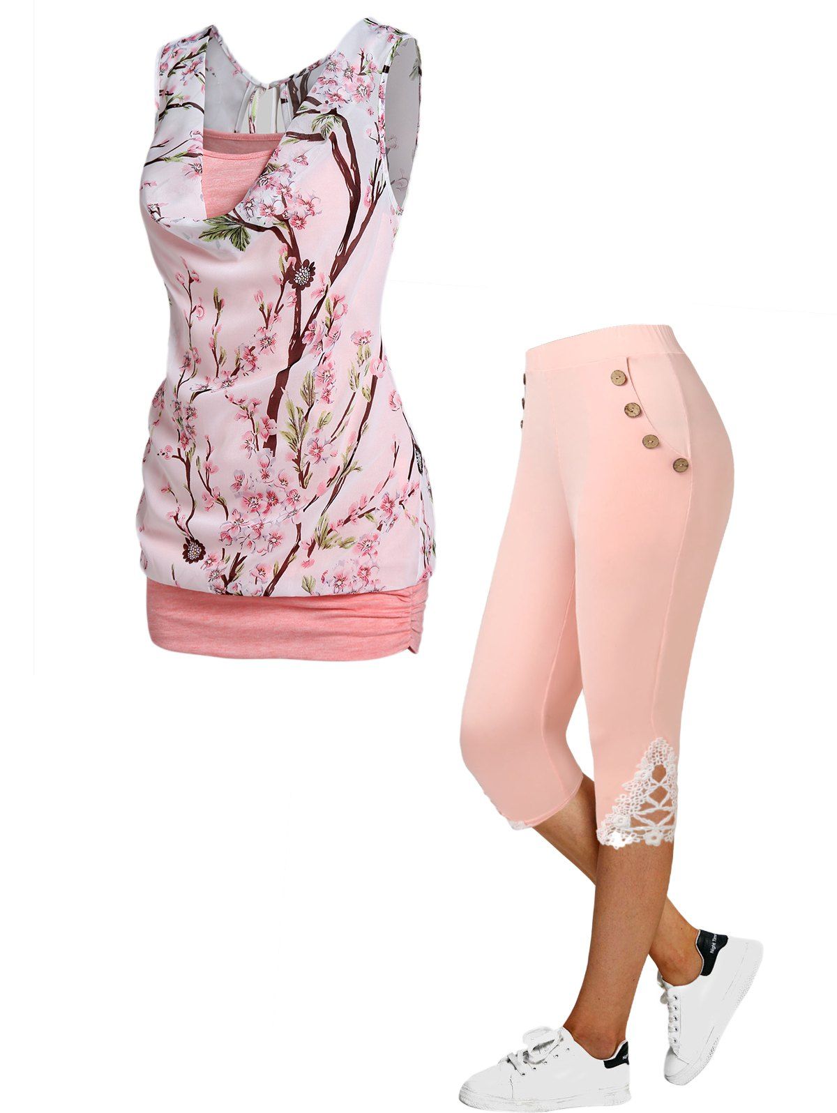 Flower Print Colorblock Chiffon Tank Top And Lace Applique Capri Leggings Casual Outfit - LIGHT PINK S
