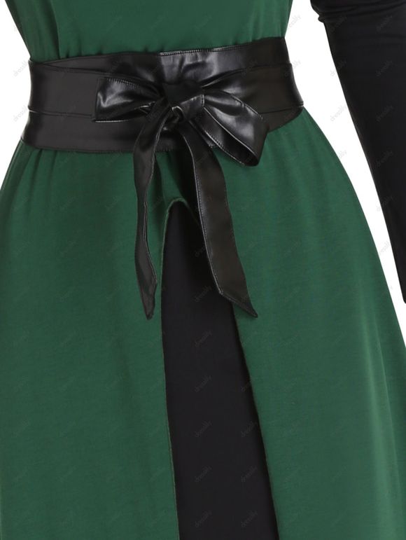 Ensemble de Haut à Capuche Long à Fente Haute et de Mini Robe en Dentelle Insérée Deux Pièces - Vert profond L