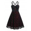 Plus Size Dress Gothic Dress Bat Print Mesh Colorblock Grommet Lace Up Cut Out A Line Midi Dress - BLACK L