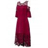 Plus Size Dress Hollow Out Printed Lace Panel Cold Shoulder Asymmetrical Hem Maxi Dress - RED XXXL