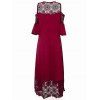 Plus Size Dress Hollow Out Printed Lace Panel Cold Shoulder Asymmetrical Hem Maxi Dress - RED XXXL