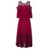 Plus Size Dress Hollow Out Printed Lace Panel Cold Shoulder Asymmetrical Hem Maxi Dress - RED XXXL